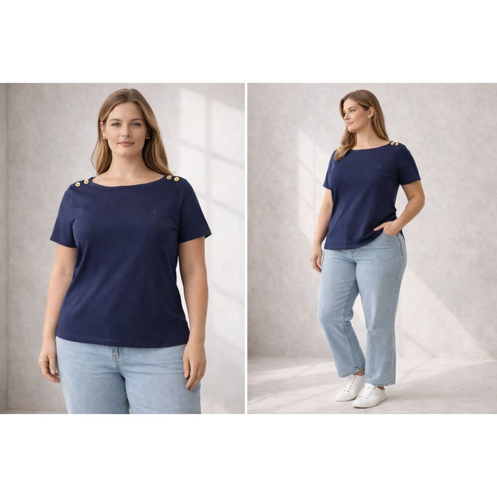 Nautica Navy Blue Boat Neck T-Shirt XL Gold Button Shoulder Cotton Nautical Top